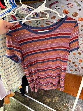 American Eagle Outfitters Striped Ribbed Tee in Rust, Purple & Navy